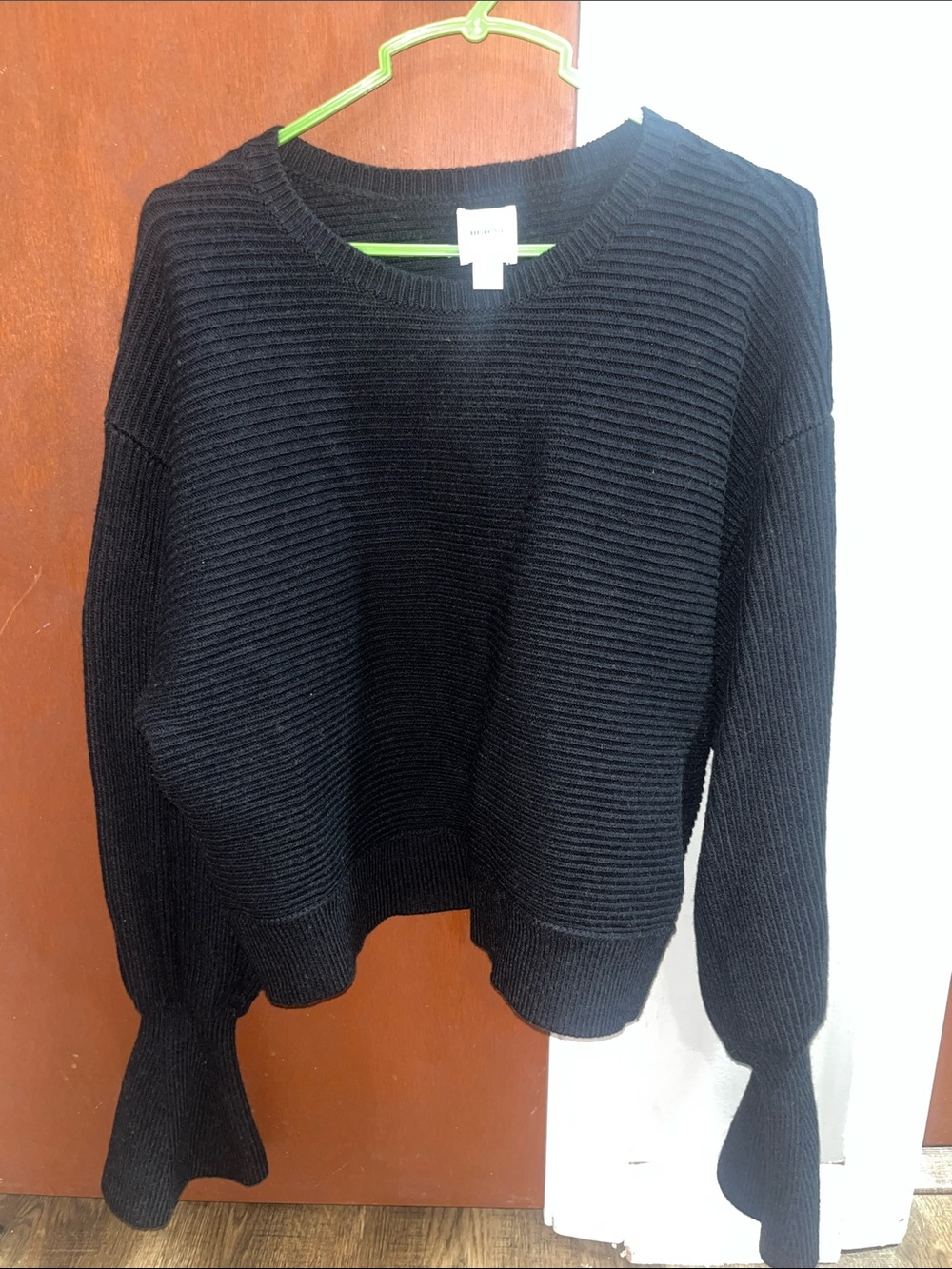Maeve Black Ribbed Crewneck Bell Sleeve Sweater